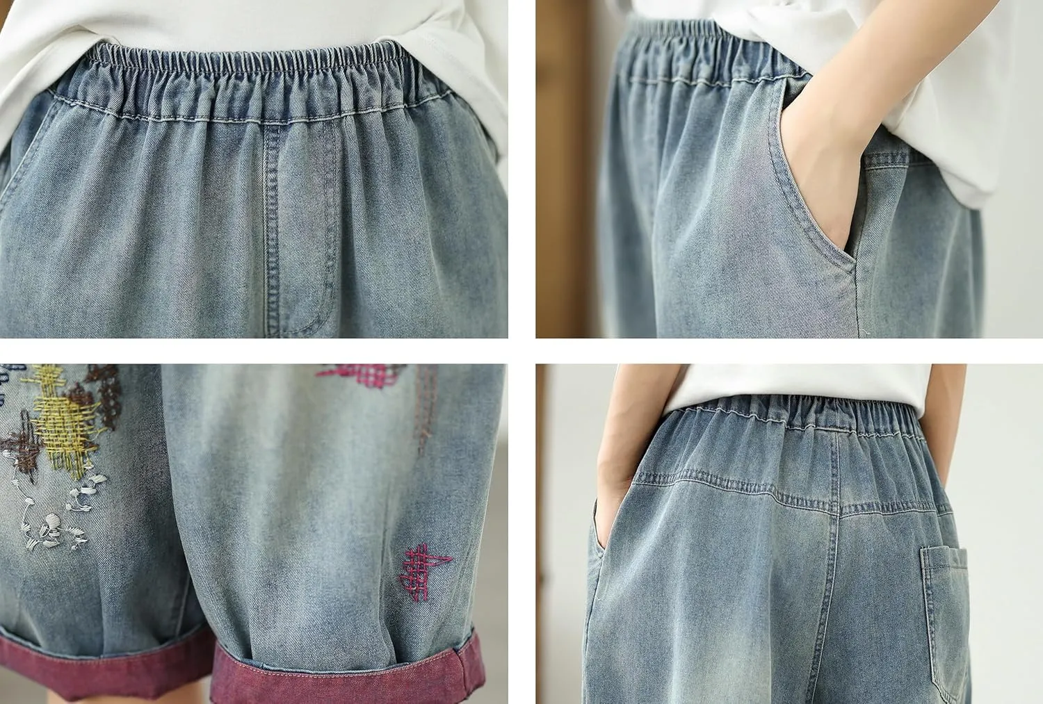 LAI MENG FIVE CATS Women Embroidery Loose Jeans Denim Harem Pants Elastic Waist Pocket