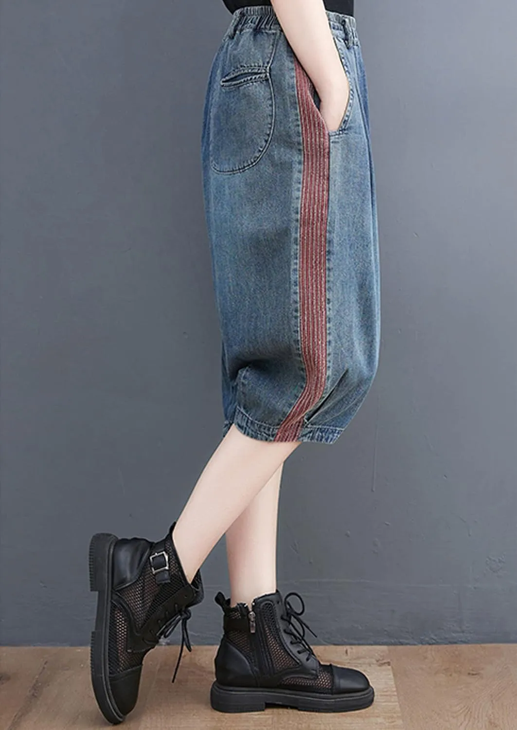 LAI MENG FIVE CATS Women Embroidery Loose Jeans Denim Harem Pants Elastic Waist Pocket