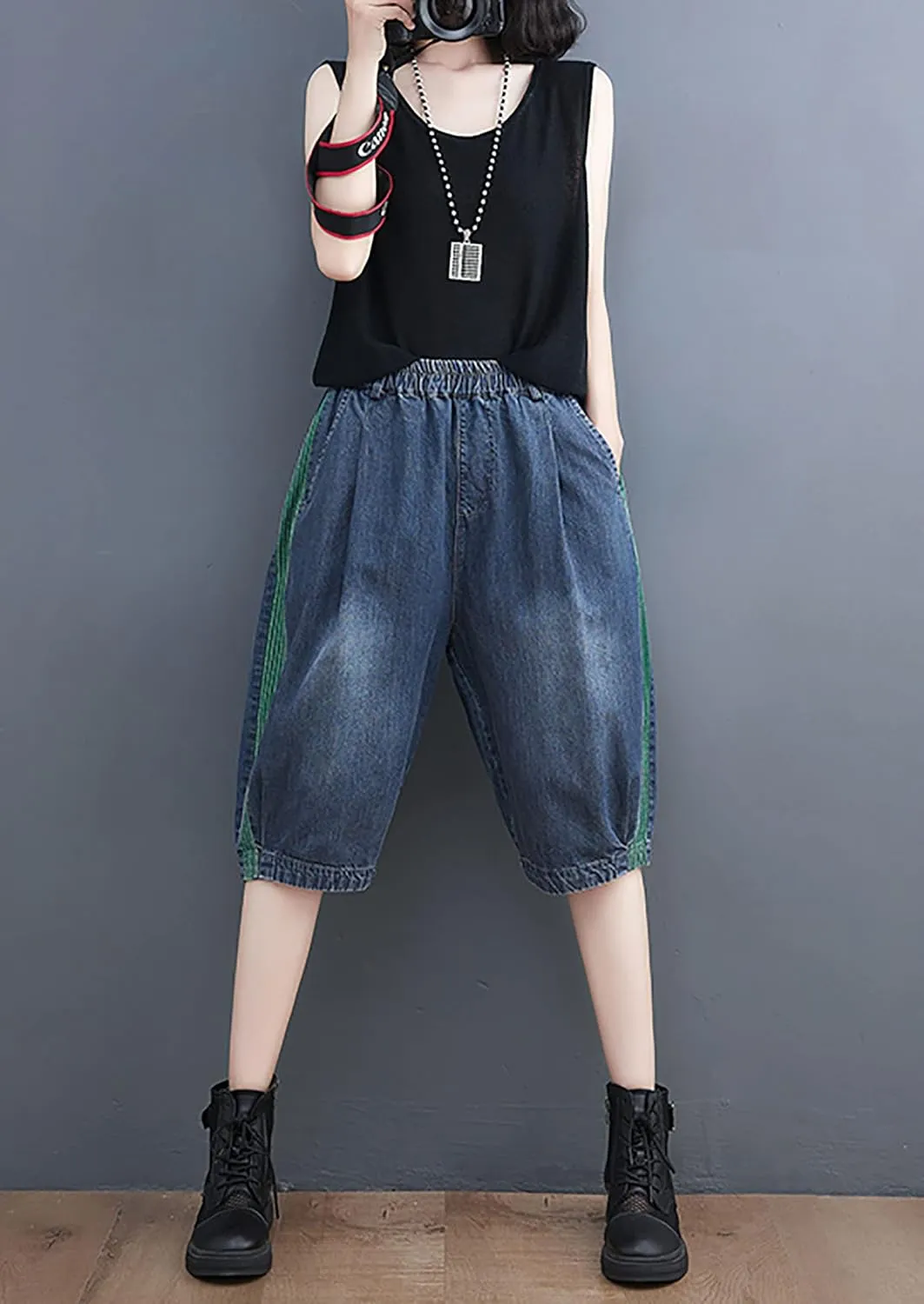 LAI MENG FIVE CATS Women Embroidery Loose Jeans Denim Harem Pants Elastic Waist Pocket