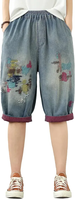 LAI MENG FIVE CATS Women Embroidery Loose Jeans Denim Harem Pants Elastic Waist Pocket
