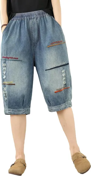 LAI MENG FIVE CATS Women Embroidery Loose Jeans Denim Harem Pants Elastic Waist Pocket