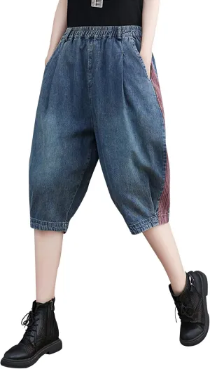 LAI MENG FIVE CATS Women Embroidery Loose Jeans Denim Harem Pants Elastic Waist Pocket