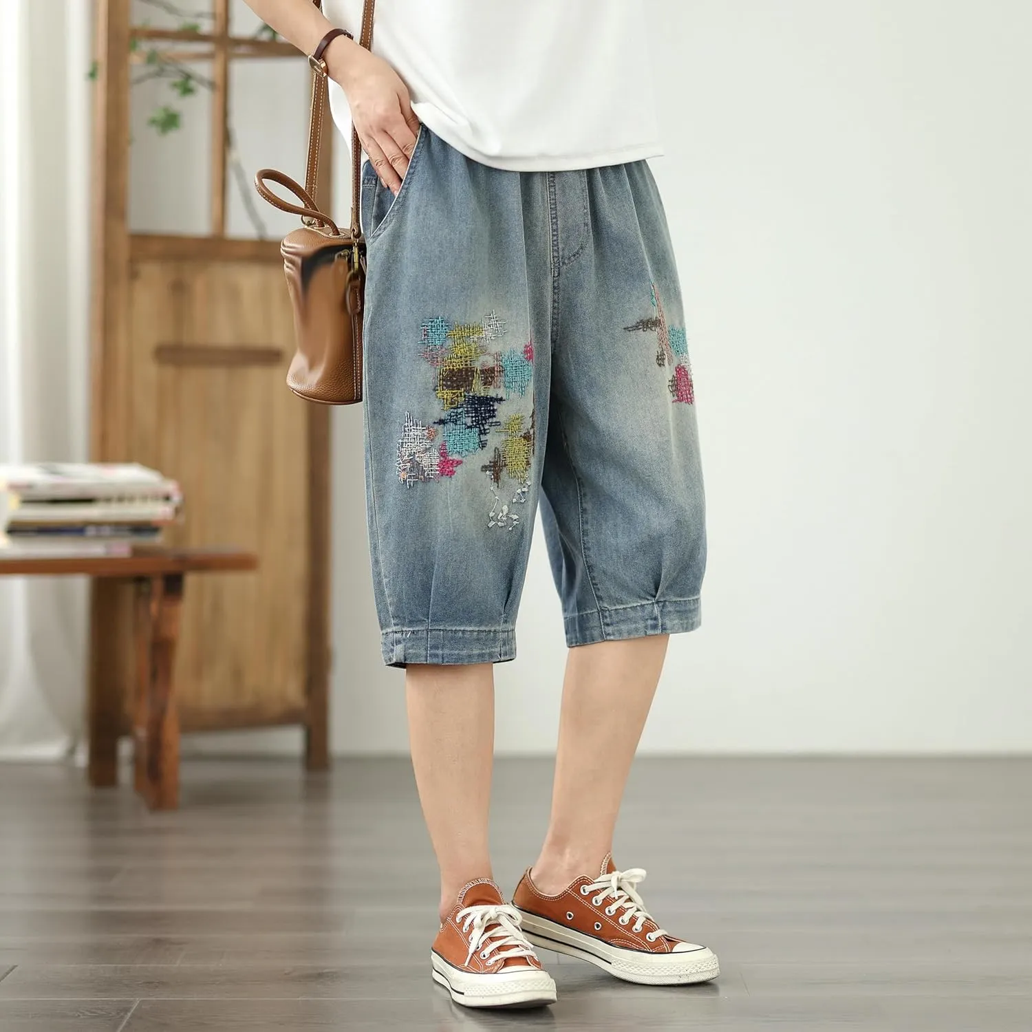 LAI MENG FIVE CATS Women Embroidery Loose Jeans Denim Harem Pants Elastic Waist Pocket