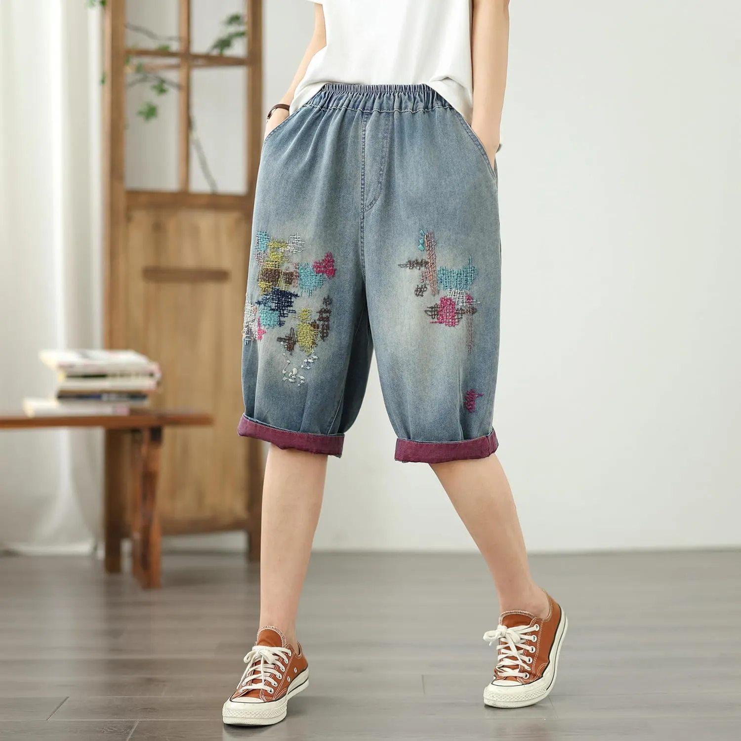 LAI MENG FIVE CATS Women Embroidery Loose Jeans Denim Harem Pants Elastic Waist Pocket