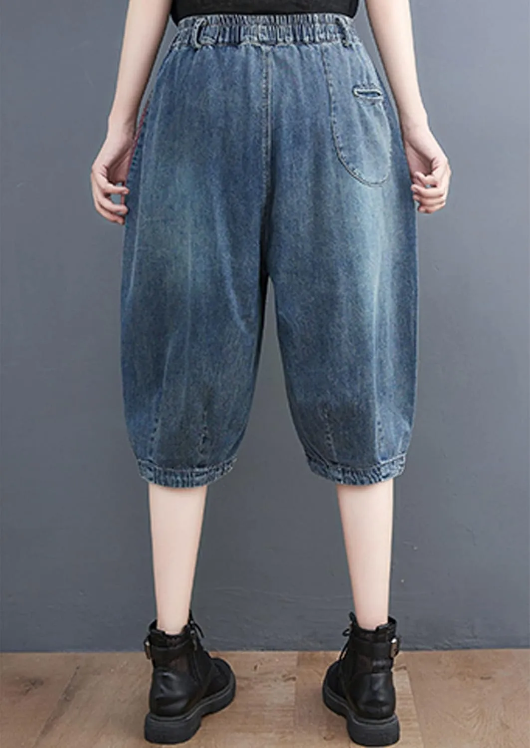 LAI MENG FIVE CATS Women Embroidery Loose Jeans Denim Harem Pants Elastic Waist Pocket