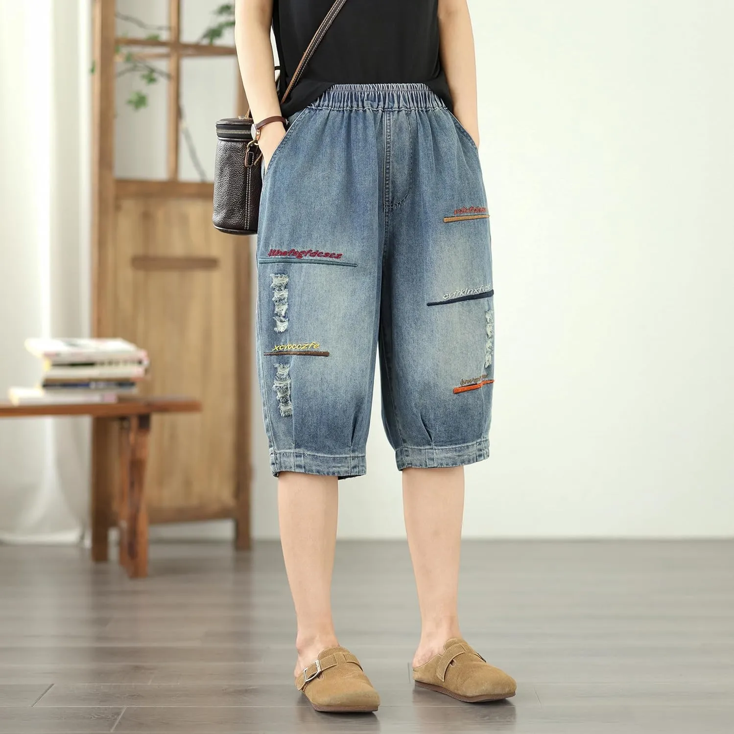 LAI MENG FIVE CATS Women Embroidery Loose Jeans Denim Harem Pants Elastic Waist Pocket