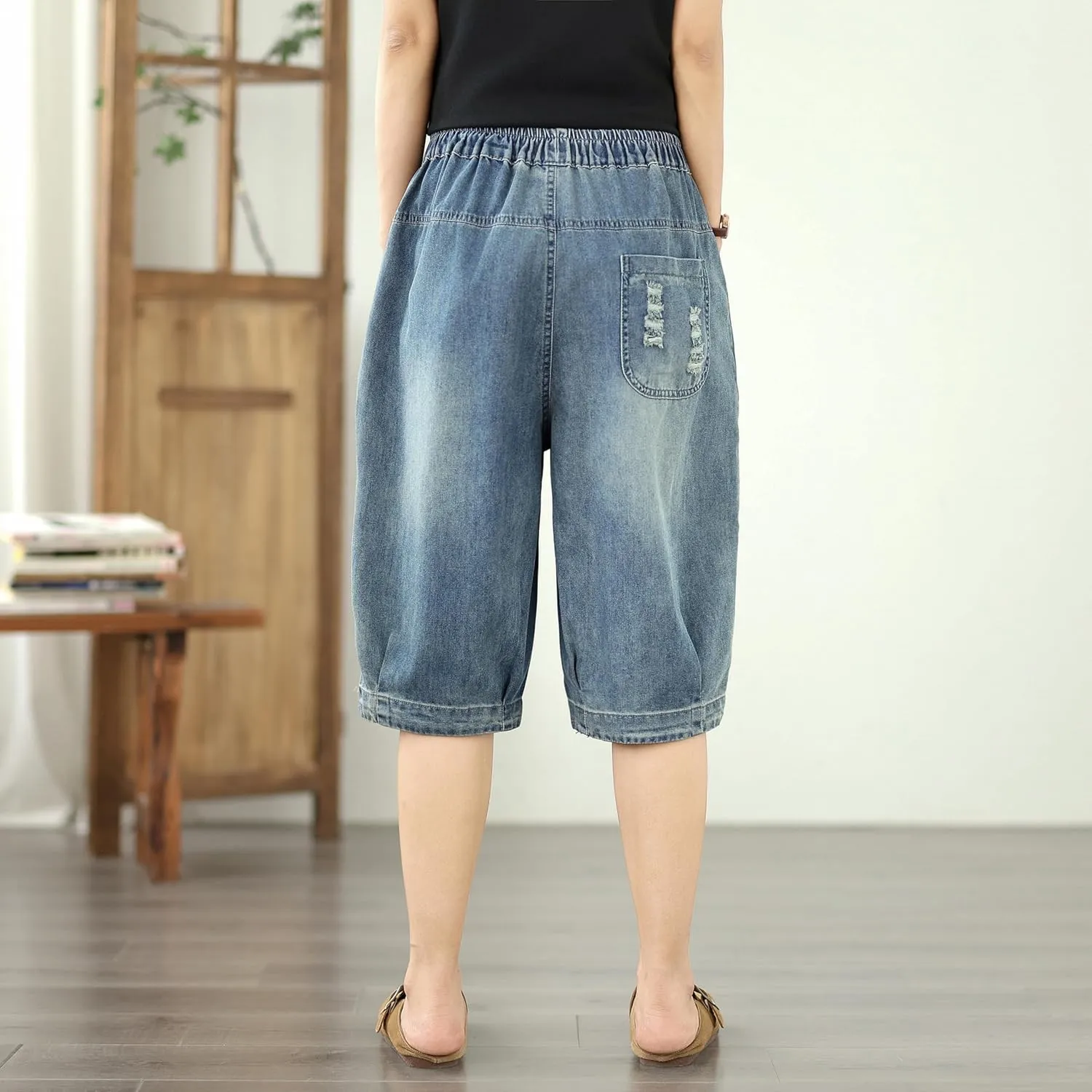 LAI MENG FIVE CATS Women Embroidery Loose Jeans Denim Harem Pants Elastic Waist Pocket