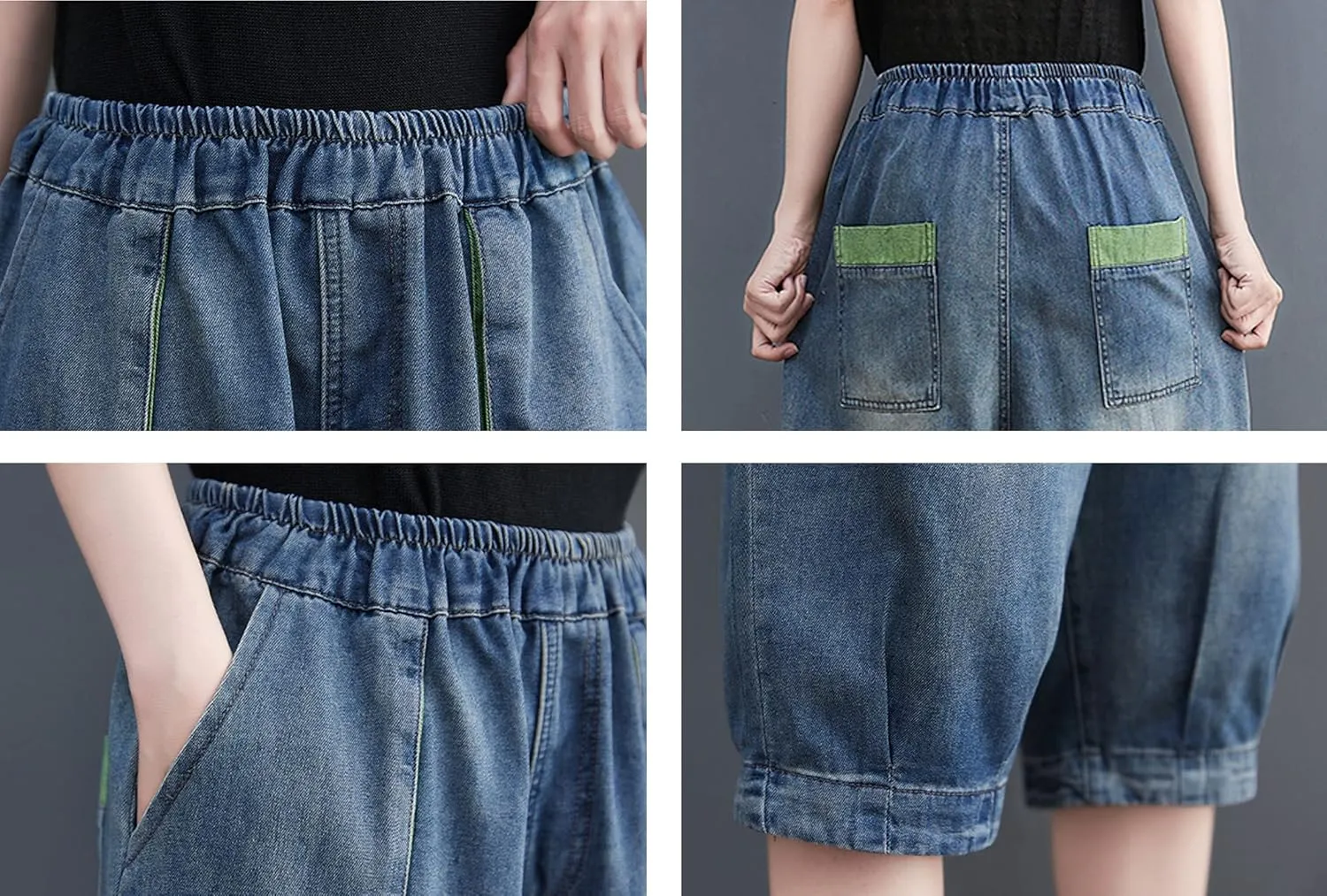 LAI MENG FIVE CATS Women Embroidery Loose Jeans Denim Harem Pants Elastic Waist Pocket