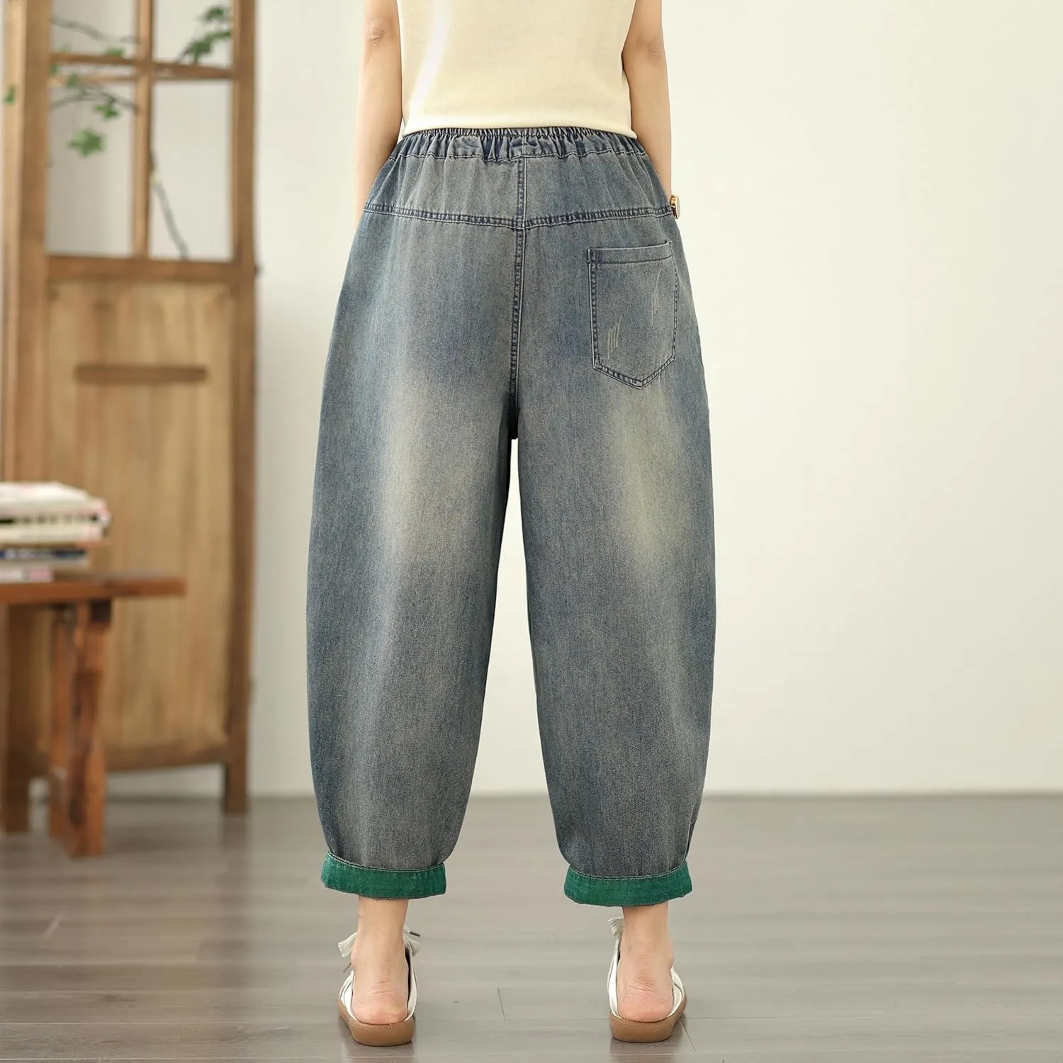 LAI MENG FIVE CATS Women Loose Jeans Denim Harem Pants with Elastic Waist with Pocket
