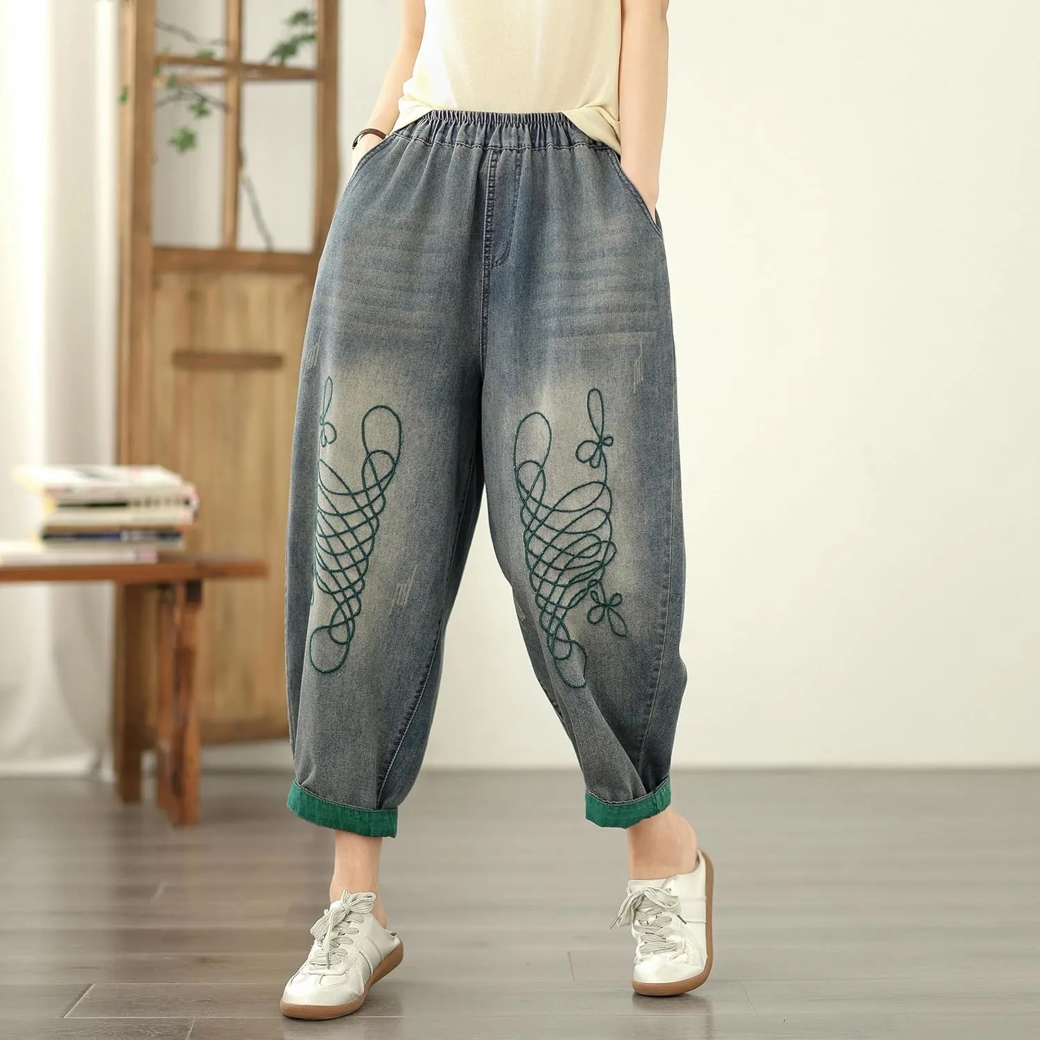 LAI MENG FIVE CATS Women Loose Jeans Denim Harem Pants with Elastic Waist with Pocket