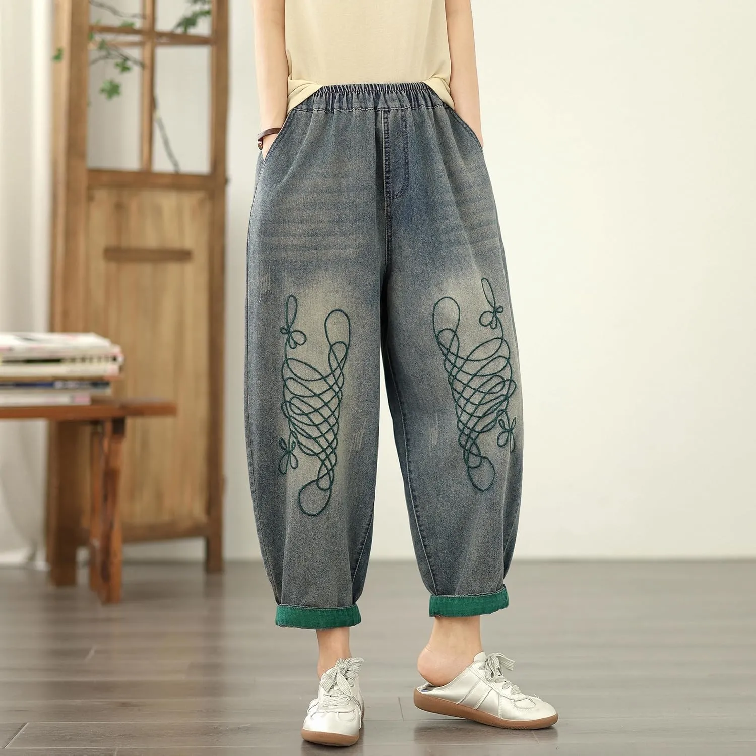 LAI MENG FIVE CATS Women Loose Jeans Denim Harem Pants with Elastic Waist with Pocket