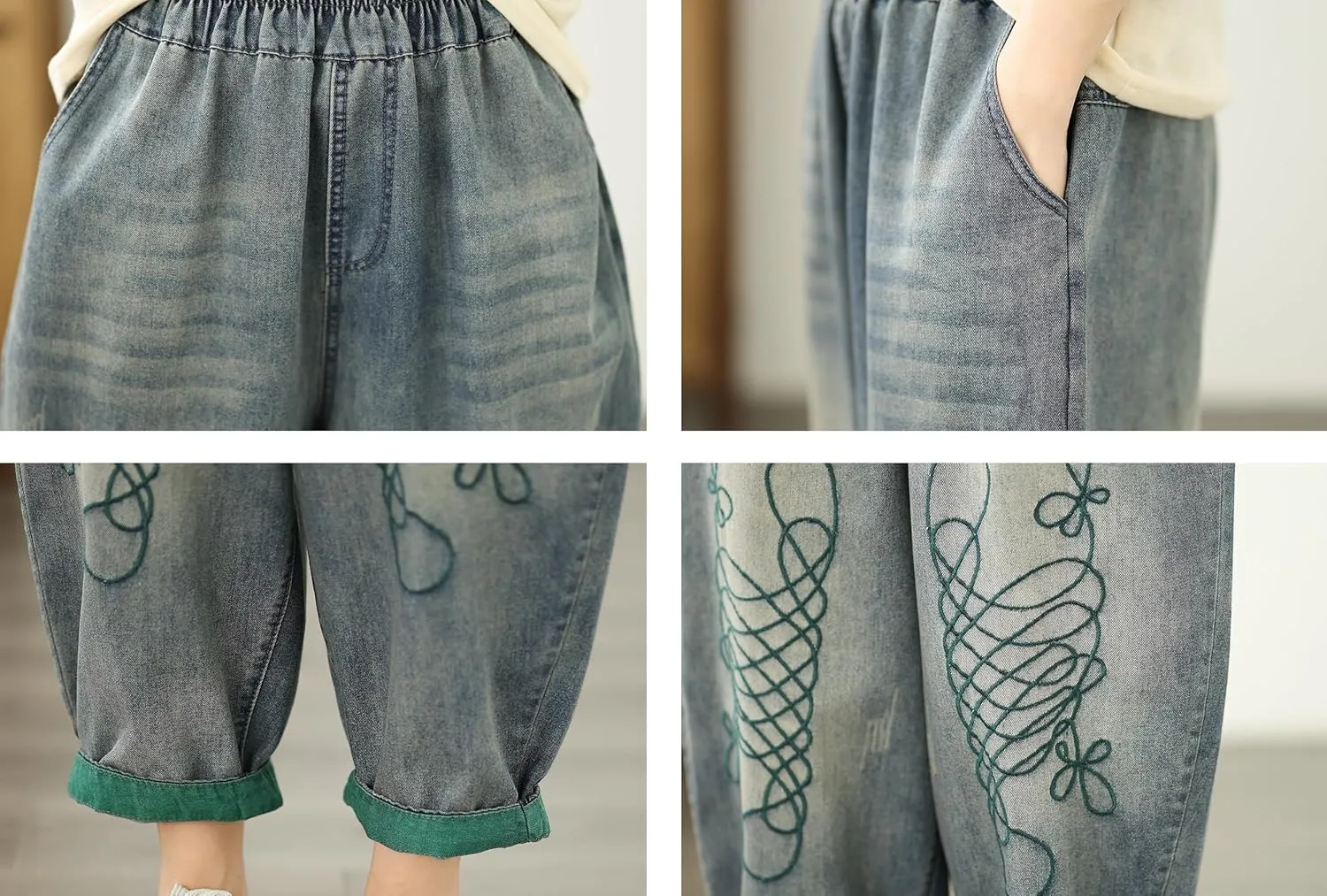 LAI MENG FIVE CATS Women Loose Jeans Denim Harem Pants with Elastic Waist with Pocket