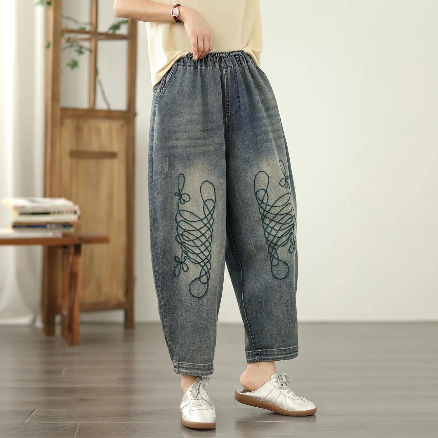 LAI MENG FIVE CATS Women Loose Jeans Denim Harem Pants with Elastic Waist with Pocket