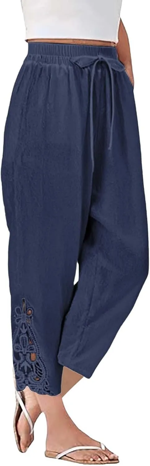 Linen Pants for Women Summer 2025 Trendy Beach Slacks Outfits Casual High Waist Pant Vintage Trousers with Pockets