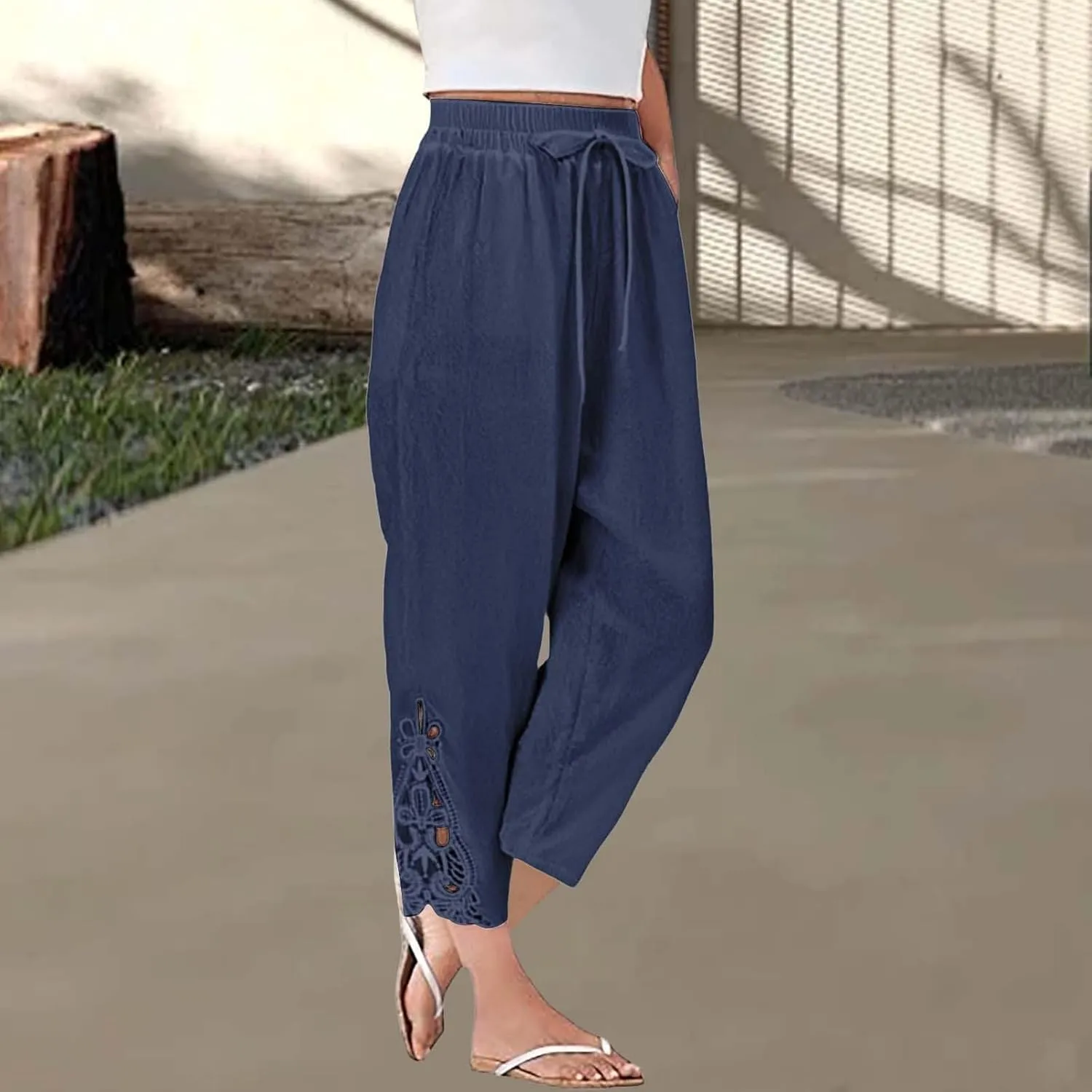 Linen Pants for Women Summer 2025 Trendy Beach Slacks Outfits Casual High Waist Pant Vintage Trousers with Pockets