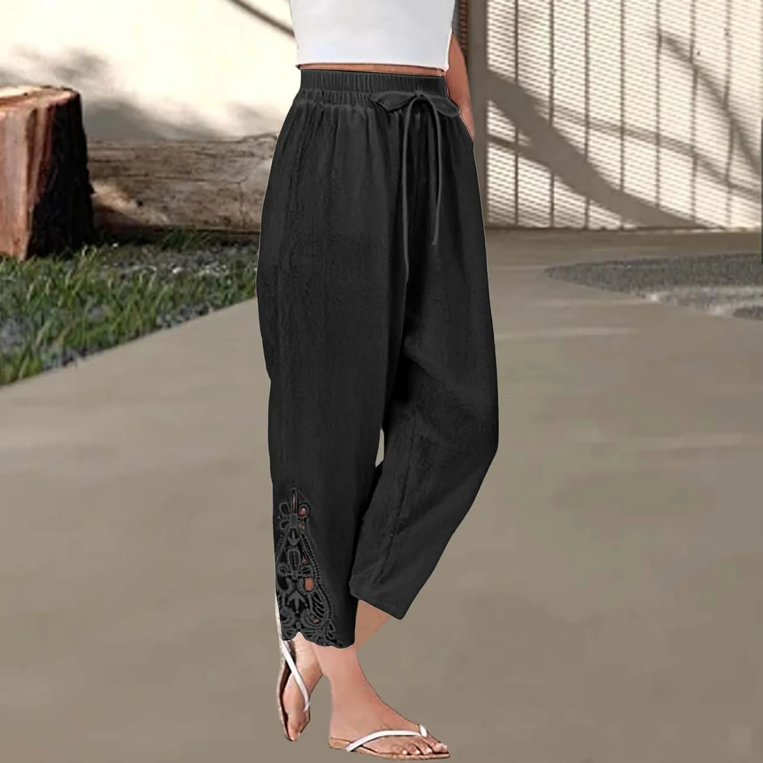 Linen Pants for Women Summer 2025 Trendy Beach Slacks Outfits Casual High Waist Pant Vintage Trousers with Pockets