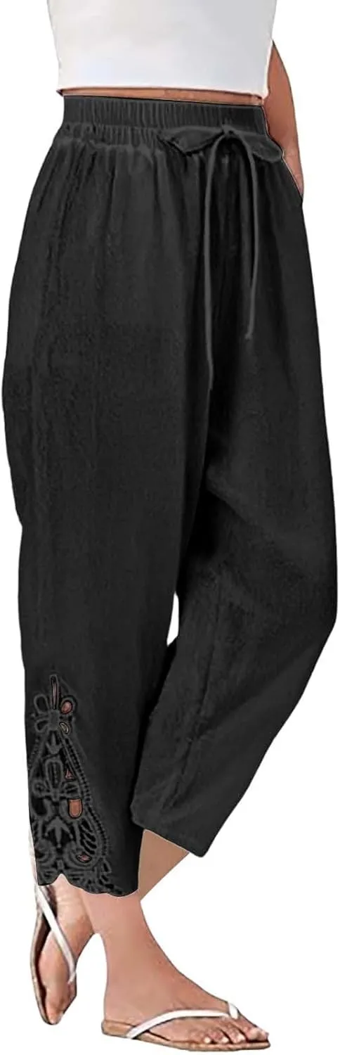 Linen Pants for Women Summer 2025 Trendy Beach Slacks Outfits Casual High Waist Pant Vintage Trousers with Pockets
