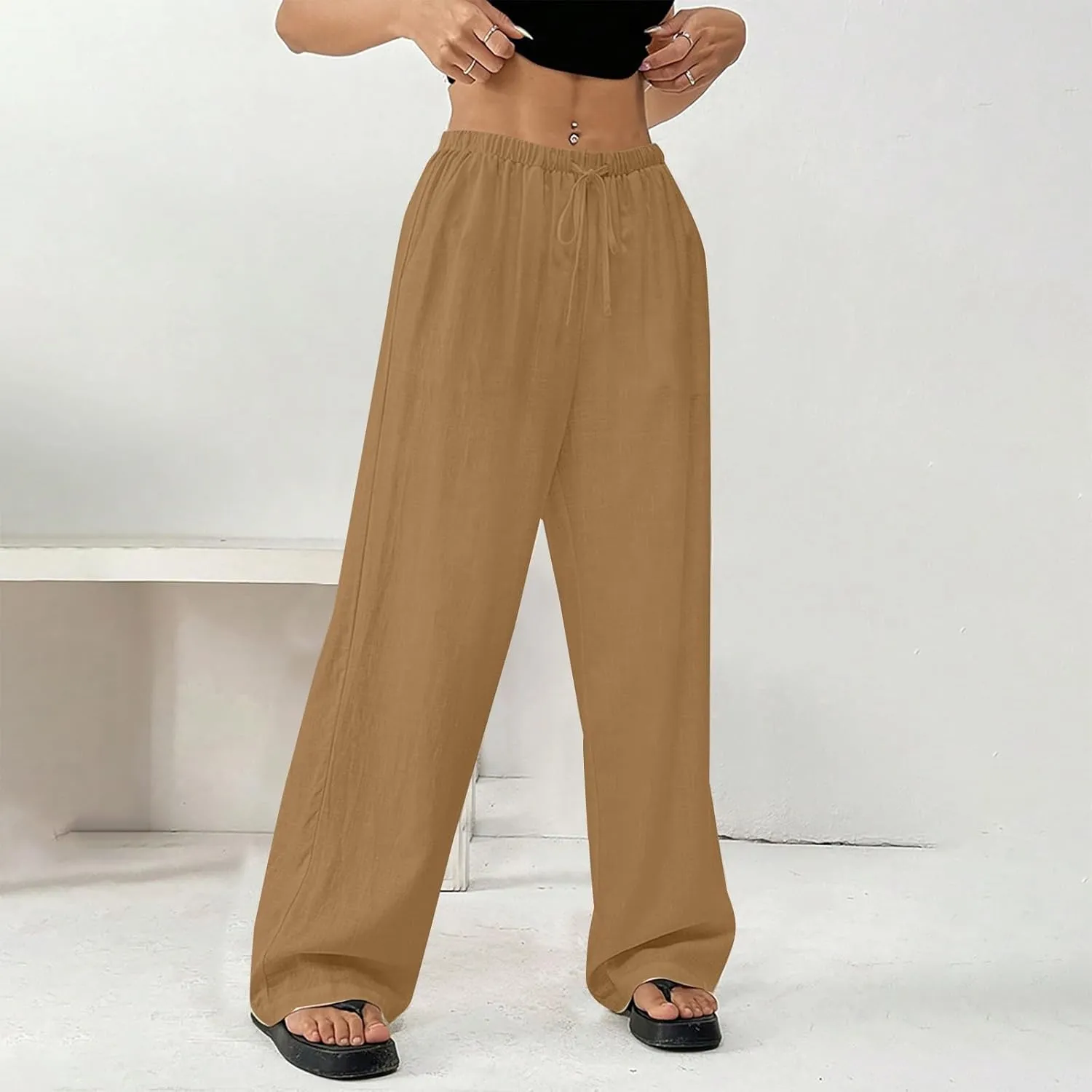 Linen Pants Women Summer Wide Leg High Waist Lounge Pant Plus Size Loose Casual Drawstring Beach Trousers with Pockets