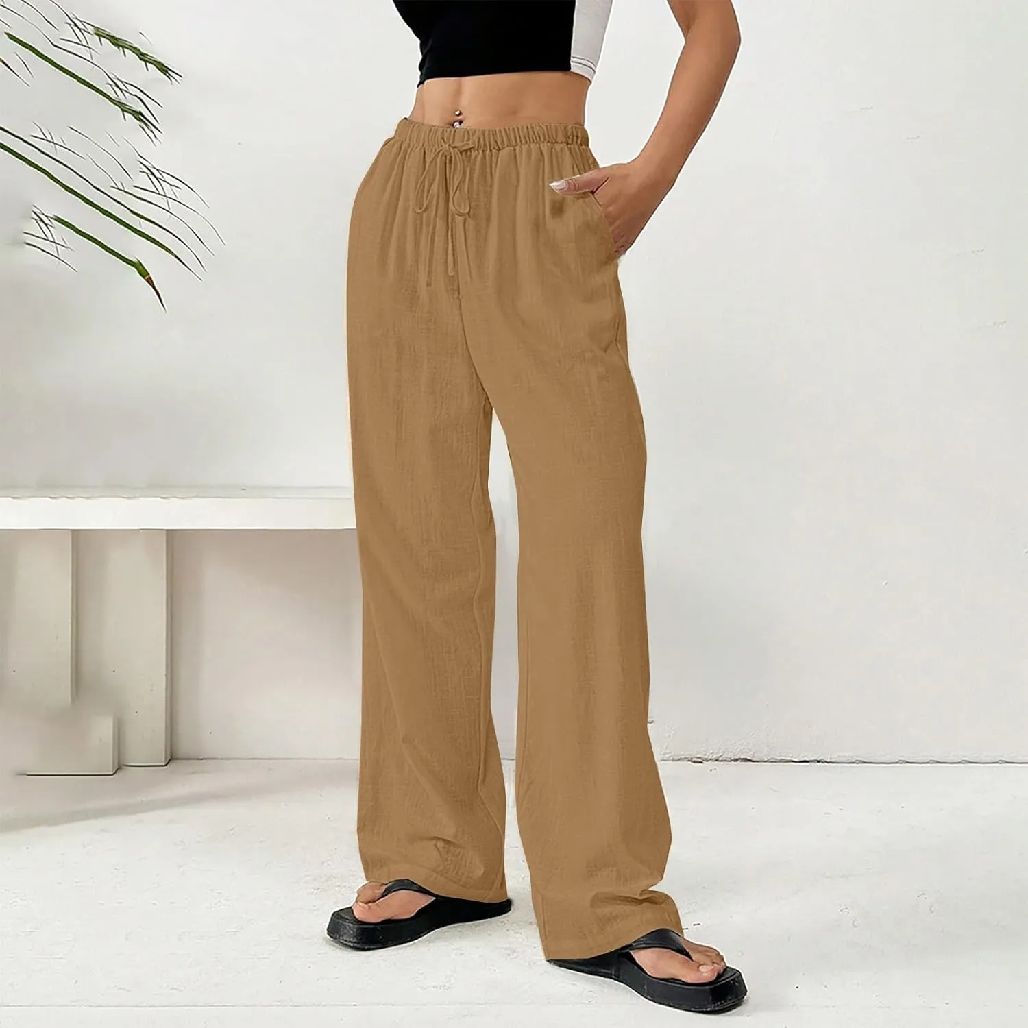 Linen Pants Women Summer Wide Leg High Waist Lounge Pant Plus Size Loose Casual Drawstring Beach Trousers with Pockets