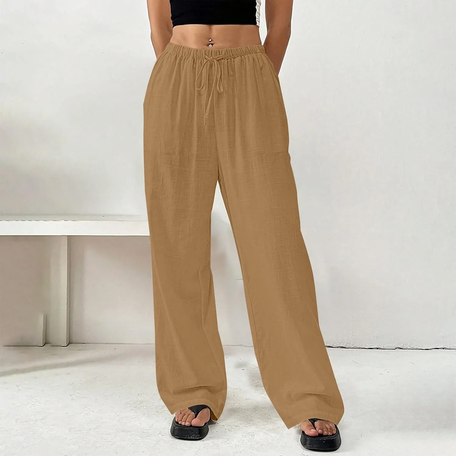 Linen Pants Women Summer Wide Leg High Waist Lounge Pant Plus Size Loose Casual Drawstring Beach Trousers with Pockets