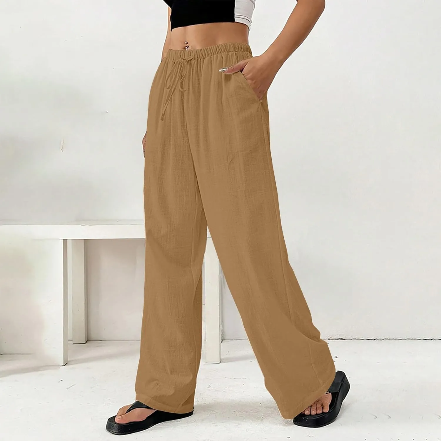 Linen Pants Women Summer Wide Leg High Waist Lounge Pant Plus Size Loose Casual Drawstring Beach Trousers with Pockets