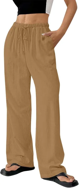 Linen Pants Women Summer Wide Leg High Waist Lounge Pant Plus Size Loose Casual Drawstring Beach Trousers with Pockets