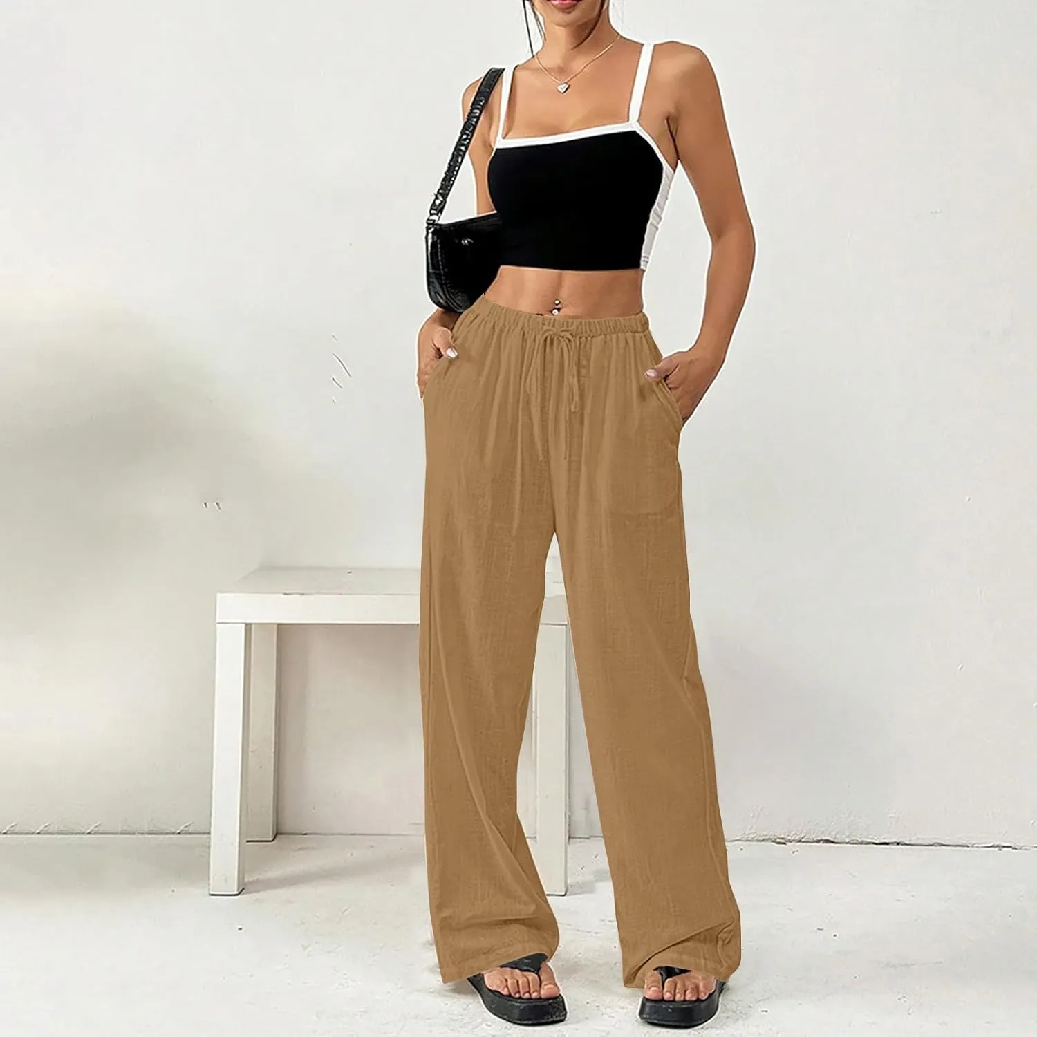 Linen Pants Women Summer Wide Leg High Waist Lounge Pant Plus Size Loose Casual Drawstring Beach Trousers with Pockets