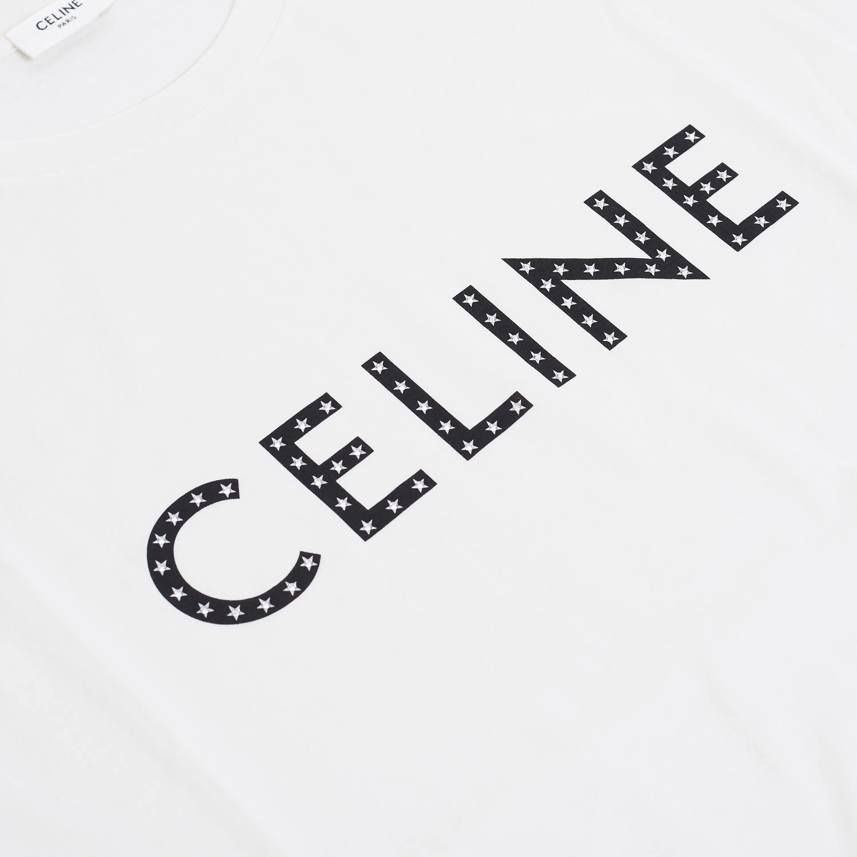 Loose T-Shirt w/ Rhinestone-Studded Logo Print In White Cotton Jersey