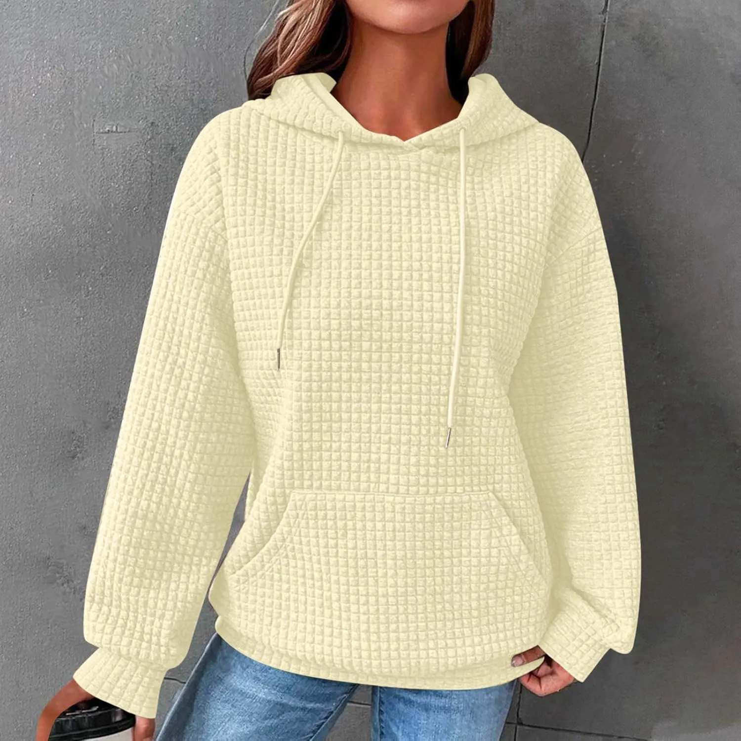 LRMQS Hoodies for Women Trendy Fall Fashion 2024 Waffle Knit Drawstring Pullover Sweatshirts Loose Fit Casual Cute Clothes