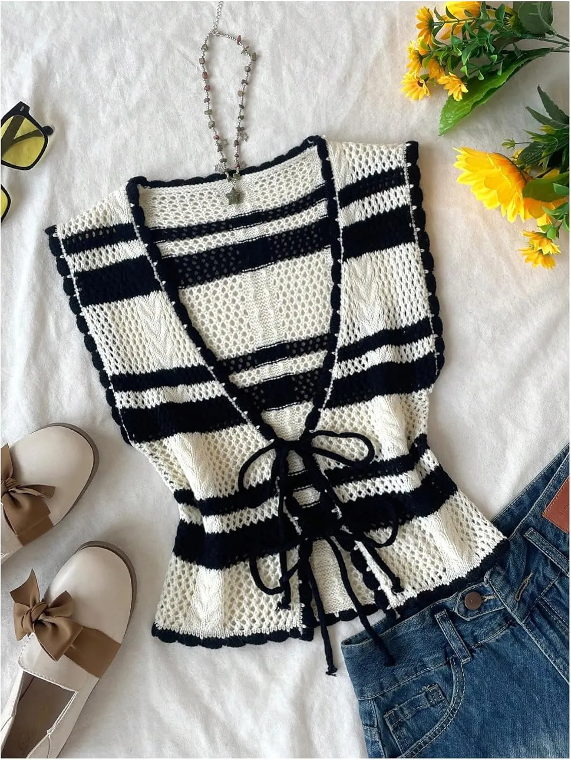 MakeMeChic Women's Striped V Neck Tie Front Sweater Vest Sleeveless Knitwear