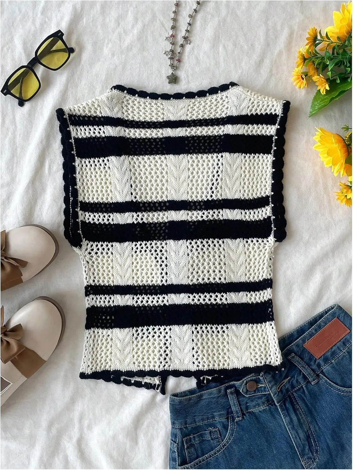 MakeMeChic Women's Striped V Neck Tie Front Sweater Vest Sleeveless Knitwear