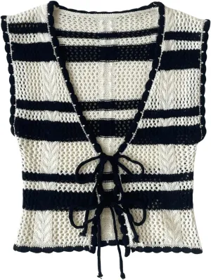 MakeMeChic Women's Striped V Neck Tie Front Sweater Vest Sleeveless Knitwear
