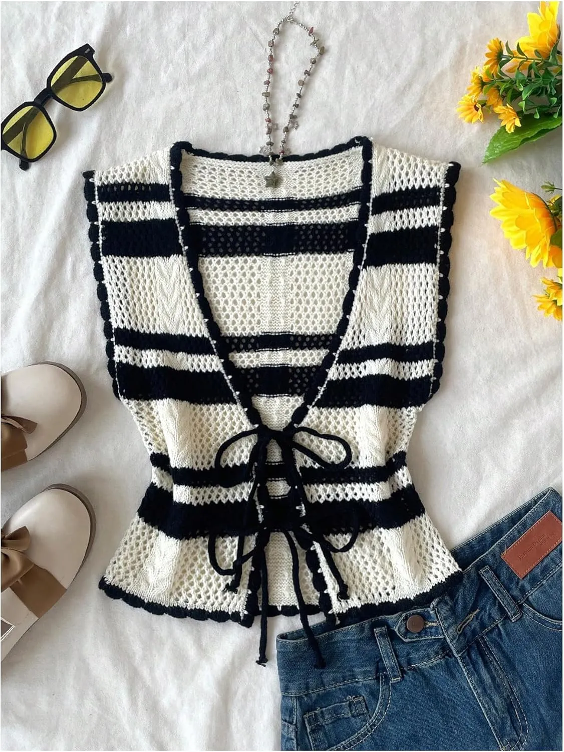 MakeMeChic Women's Striped V Neck Tie Front Sweater Vest Sleeveless Knitwear