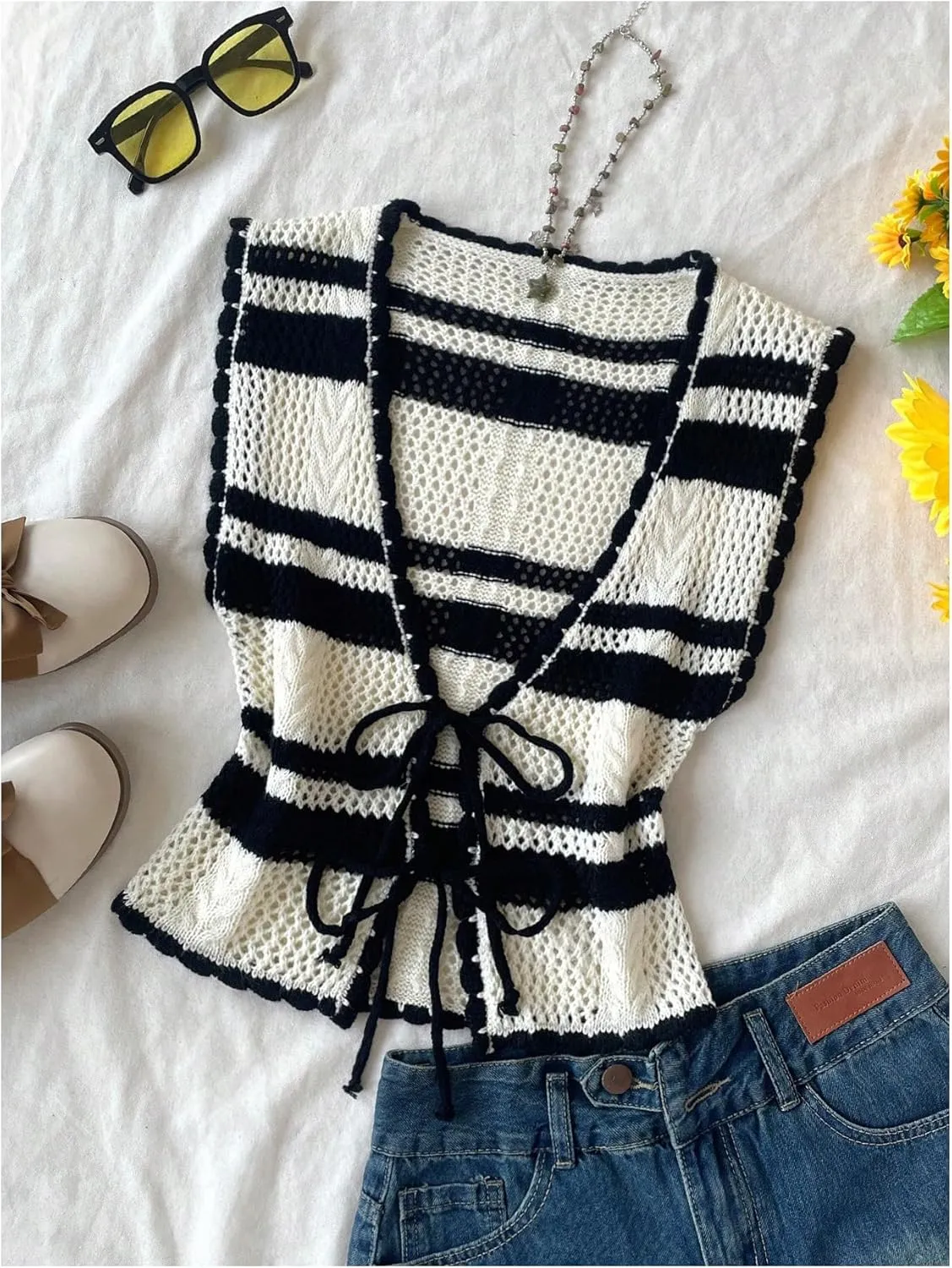 MakeMeChic Women's Striped V Neck Tie Front Sweater Vest Sleeveless Knitwear