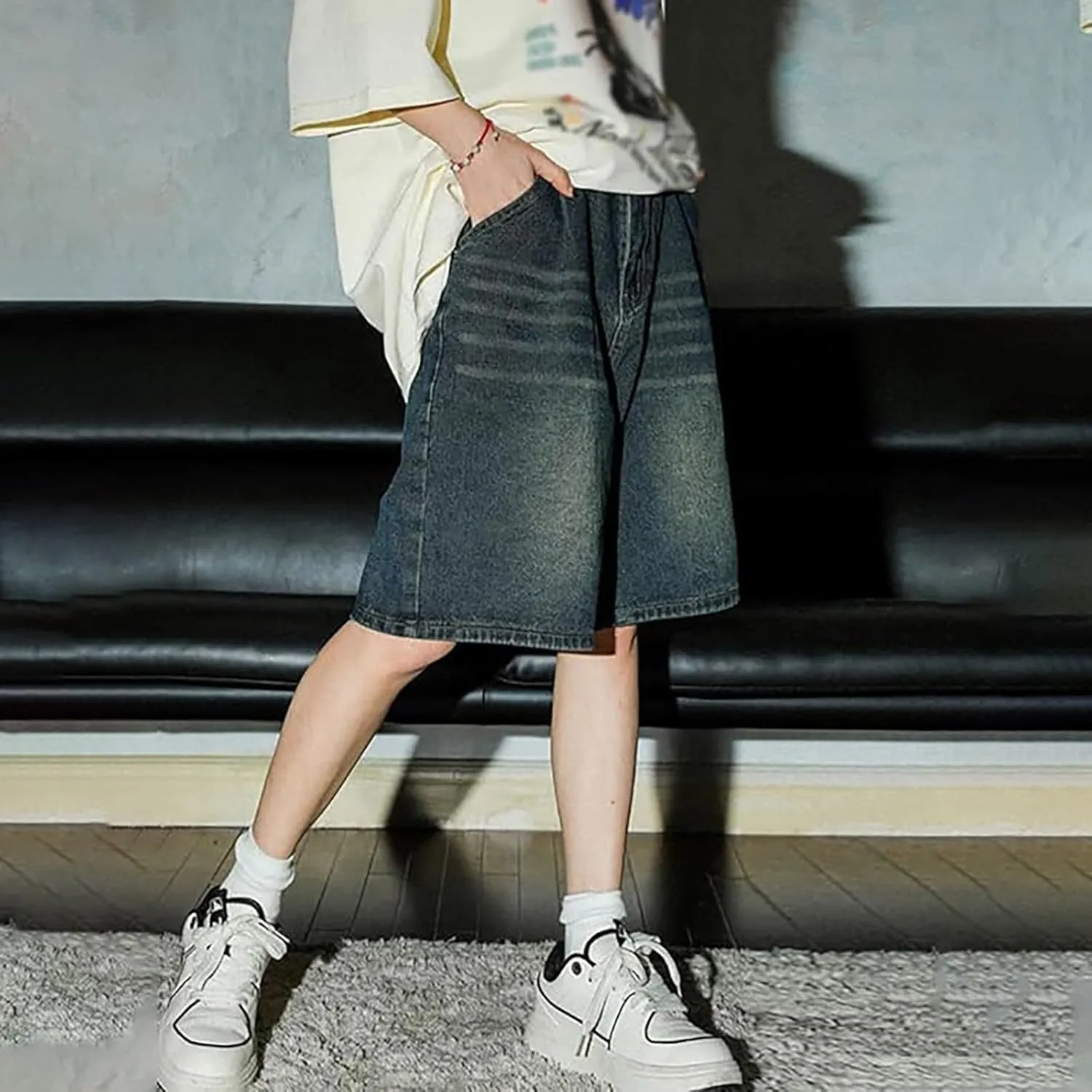 Men Baggy Denim Jorts Y2K Vintage Loose Hip Hop Jean Shorts Wide Leg Long Jeans with Pockets Streetwear