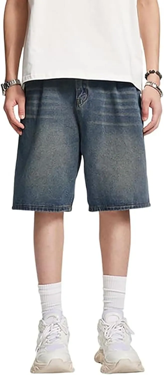 Men Baggy Denim Jorts Y2K Vintage Loose Hip Hop Jean Shorts Wide Leg Long Jeans with Pockets Streetwear