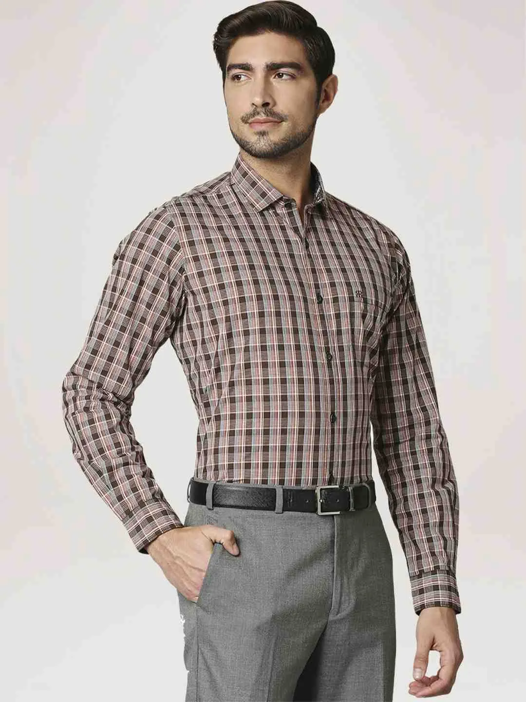 Men Brown Contemporary Fit Checks Cotton Shirts