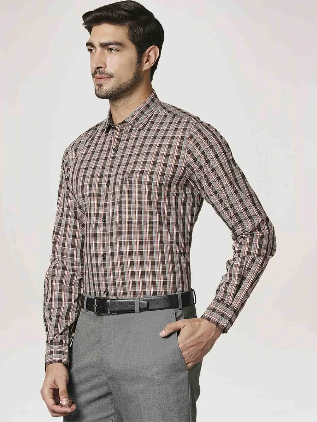 Men Brown Contemporary Fit Checks Cotton Shirts