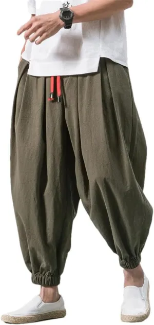 Men Oversize Loose Harem Pants Chinese Linen Overweight Sweat Casual Trousers