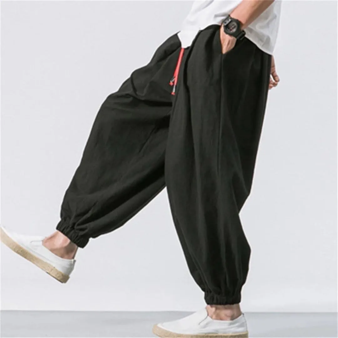 Men Oversize Loose Harem Pants Chinese Linen Overweight Sweat Casual Trousers