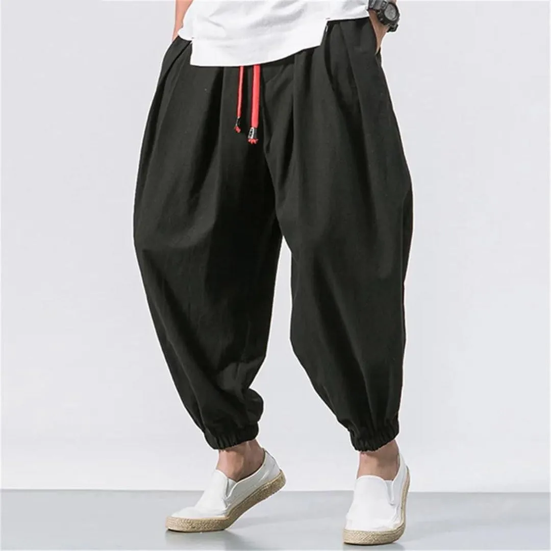 Men Oversize Loose Harem Pants Chinese Linen Overweight Sweat Casual Trousers