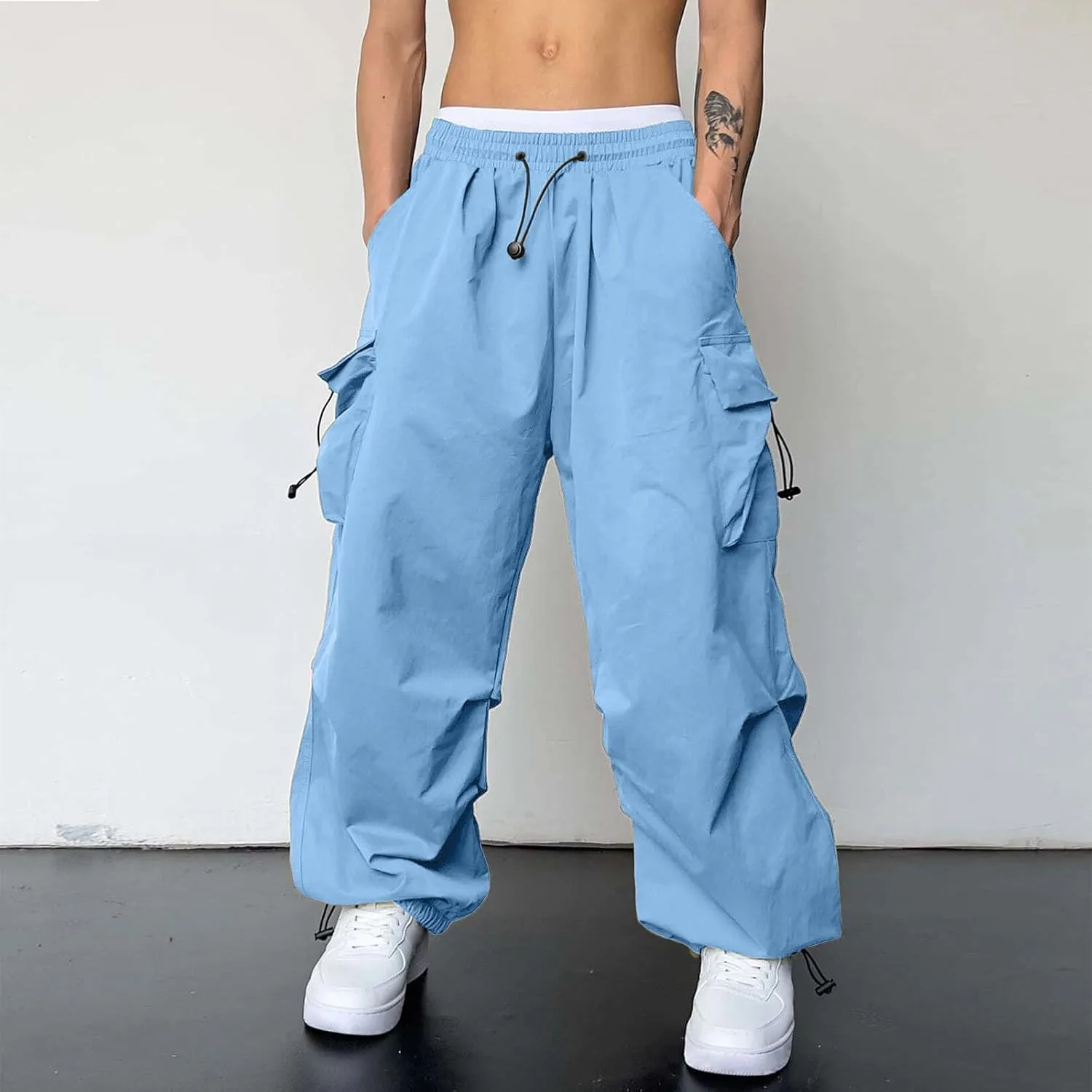 Men's Cargo Pants Casual Cotton Stretchy Elastic Waist Drawstring Pant Work Pants with Pockets
