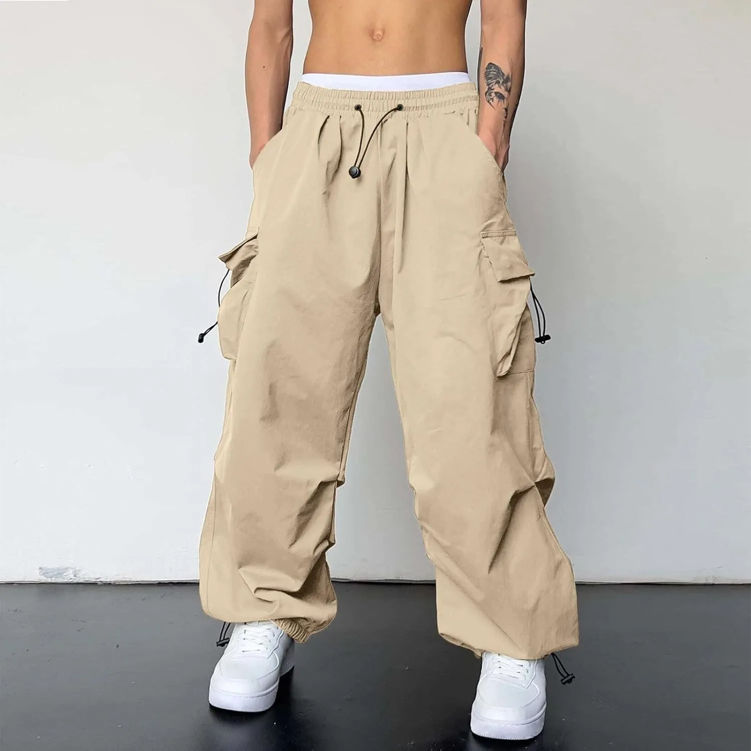 Men's Cargo Pants Casual Cotton Stretchy Elastic Waist Drawstring Pant Work Pants with Pockets