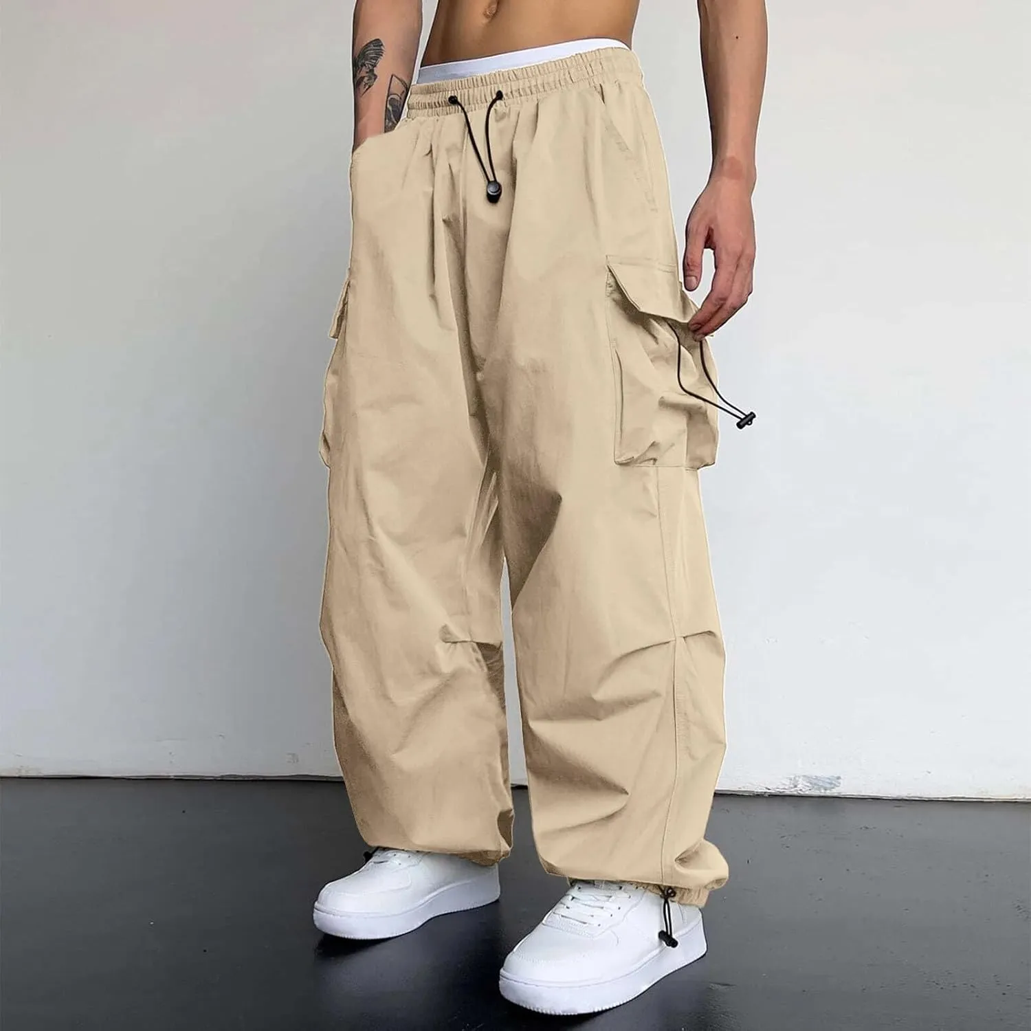 Men's Cargo Pants Casual Cotton Stretchy Elastic Waist Drawstring Pant Work Pants with Pockets