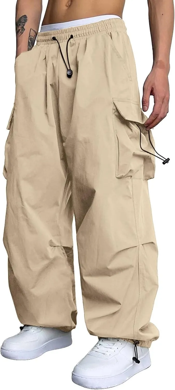 Men's Cargo Pants Casual Cotton Stretchy Elastic Waist Drawstring Pant Work Pants with Pockets