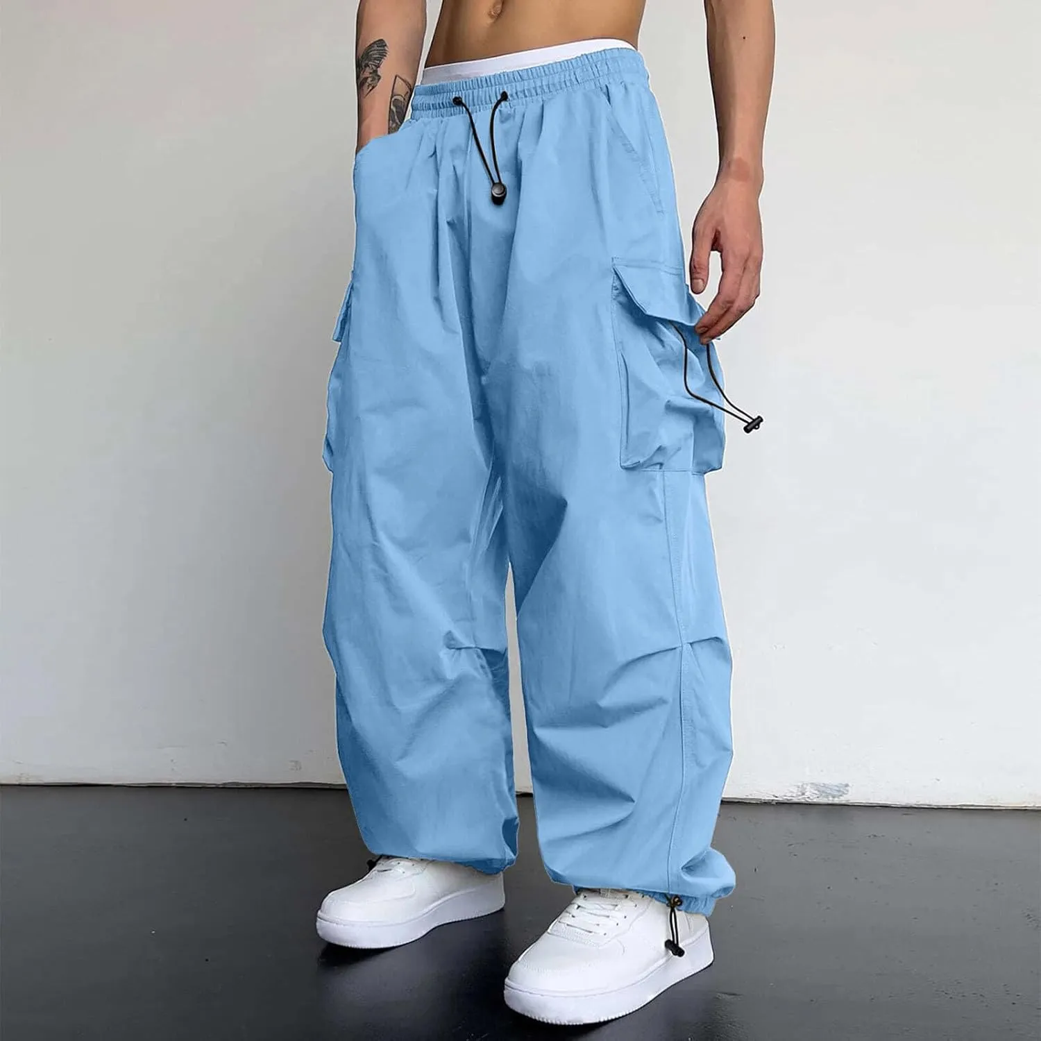 Men's Cargo Pants Casual Cotton Stretchy Elastic Waist Drawstring Pant Work Pants with Pockets