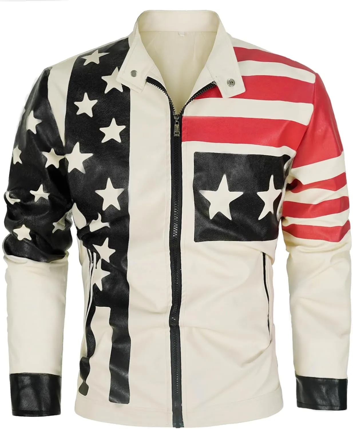 Men's Faux American Flag Leather Jacket Lightweight Casual US Outwear Coat
