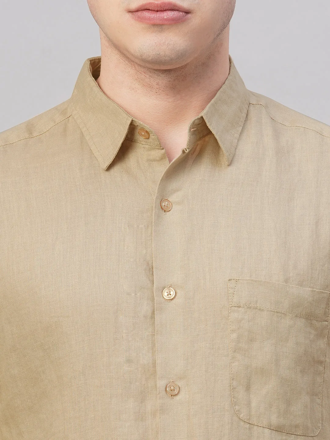 Men's Khaki 100% Linen Regular Fit Shirt