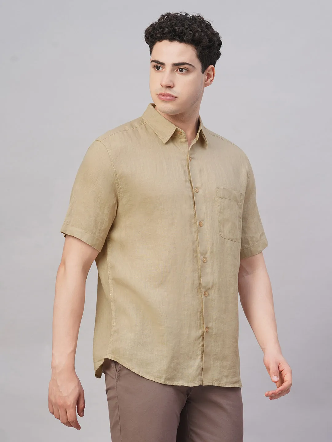Men's Khaki 100% Linen Regular Fit Shirt