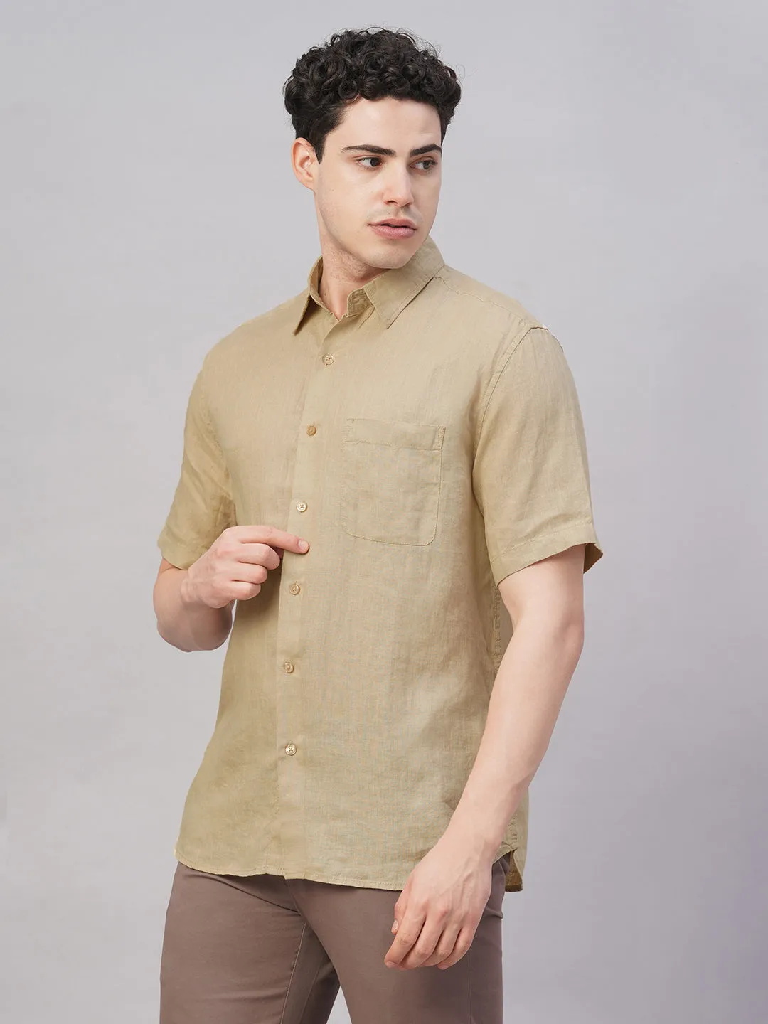 Men's Khaki 100% Linen Regular Fit Shirt